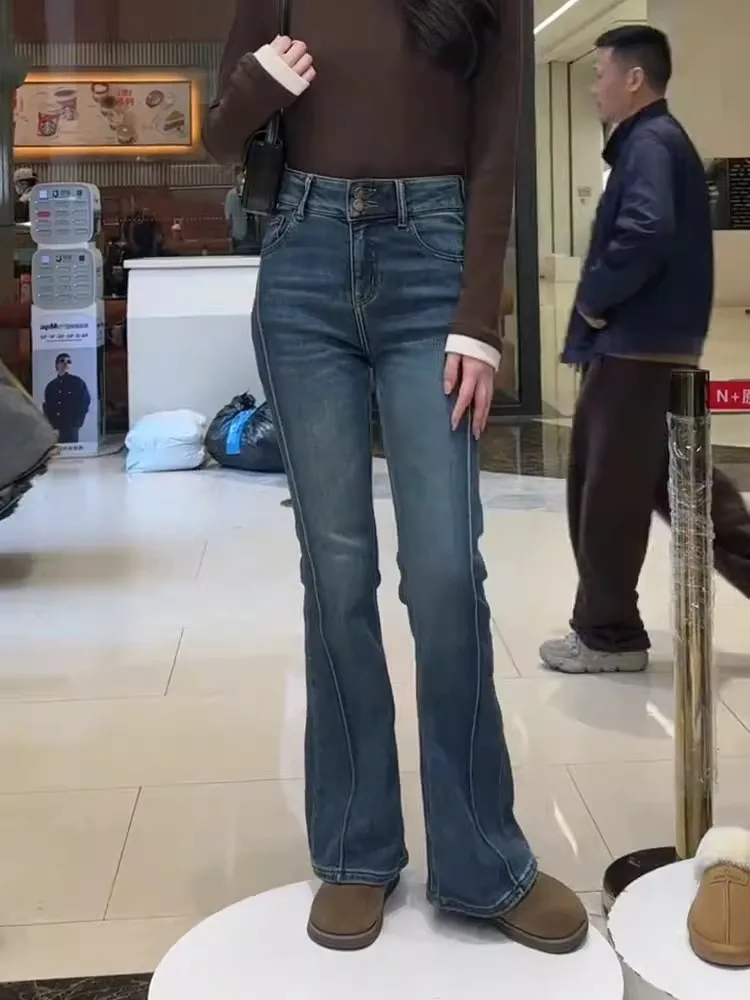 

High Waist Bell Bot Jeans Women's Retro Large Size Hoof Pants Loose Slimming Flared Pants Thiened Winter Denim