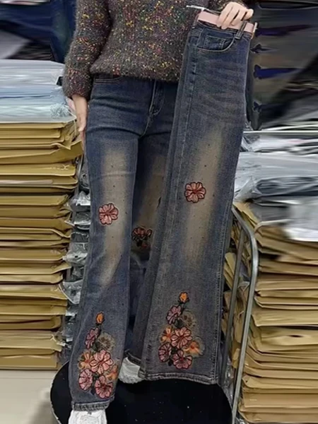 

Retro Heavy Embroidery Lotus Rhinestone Micro Flared Denim Jeans Women Slimming Bell Bottoms High Waist Casual Style Water Wash
