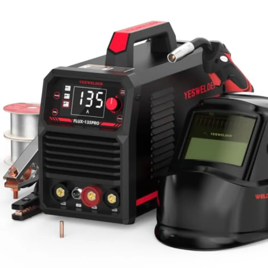 Flux Core MIG Welder for DIY and light industrial use, steel construction, black with blue accents, 135A output, no gas require