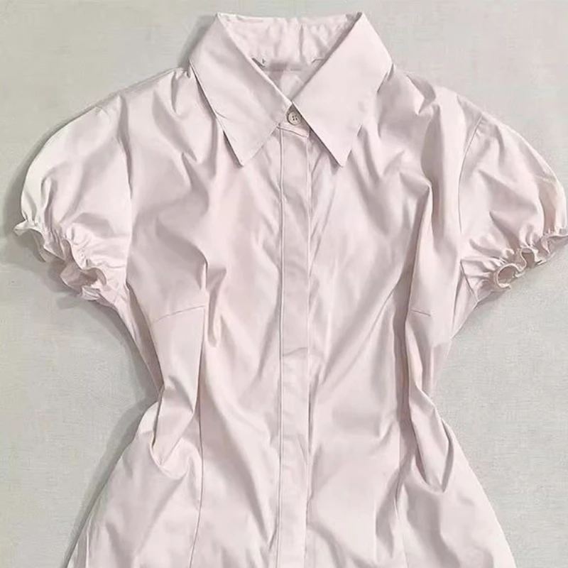 

Retro Pink Short-sleeved Shirt Women Korea Soild Elegant Slim Shirt Top New Casual Crop Tops Y2k Short Sleeve Blouse Summer 2025