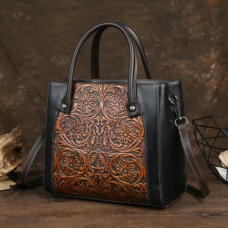 3D Floral Genuine Leather Handbag Woman Vintage Tote Bags For Women 2024 New Handmade Cow Leather Shoulder or Crossbody Bag