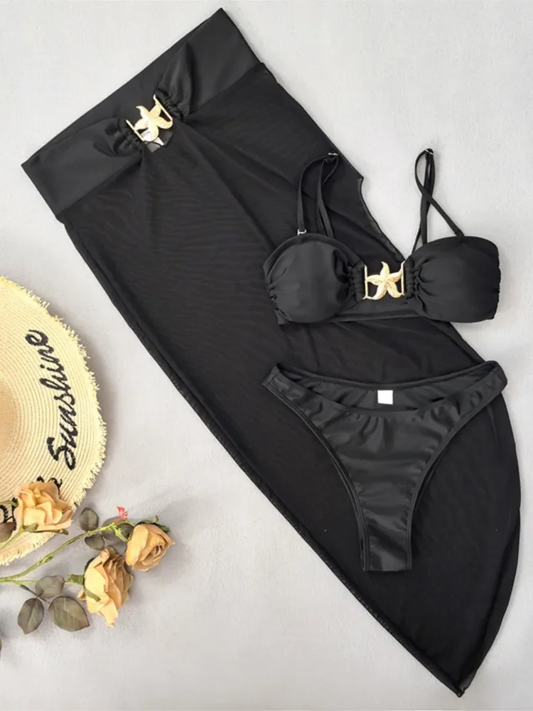 Swimwear Skirt Cover-up 3 Piece Set Women Bikini Set And Skirt Bathing Suit Fashion Solid Hollow Sexy Beach Cover Up Outfits
