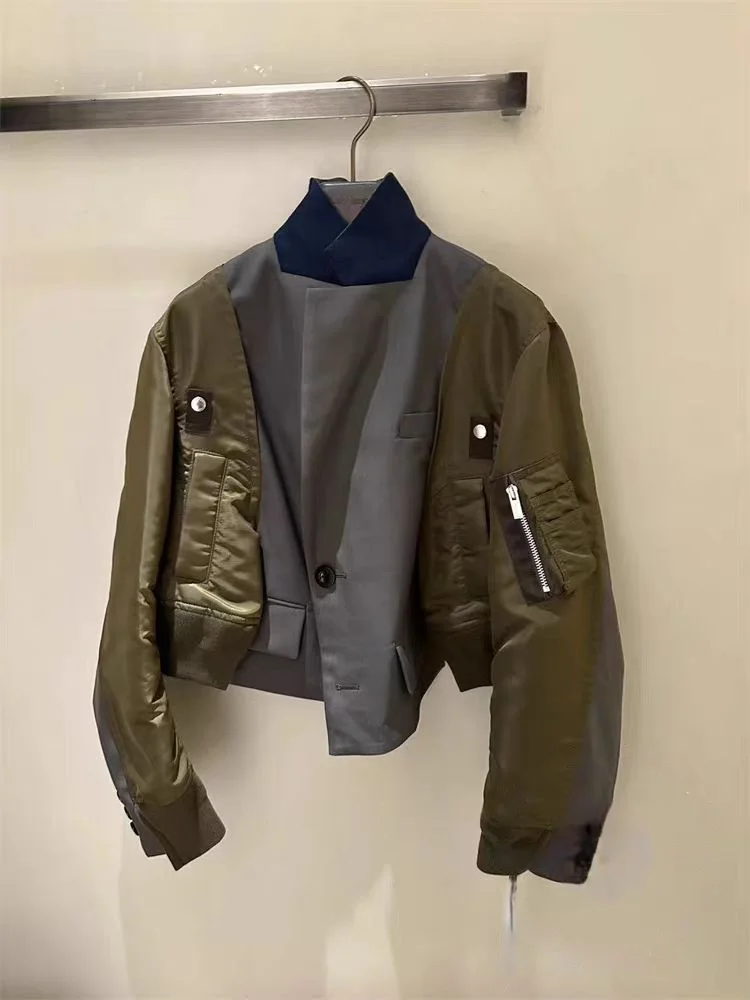 Chaqueta de Traje Corta Informal de Otoño Invierno para Mujer, Estilo Japonés FOG SACAI, Mezcla de Aodón y Poliéster, Chaqu...