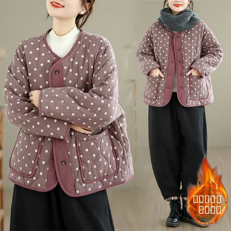 

Ladies Large Size round Ne down Cotton Jaet Loose Outerwear Warm Polyester Fiber Long Sve Winter Faion Commute Sle