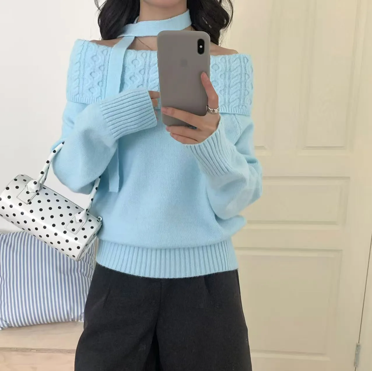 

One Shoulder Hanging Neck Ribbon Knitted Sweater Autumn and Winter New Style Pullover Women's Sweater