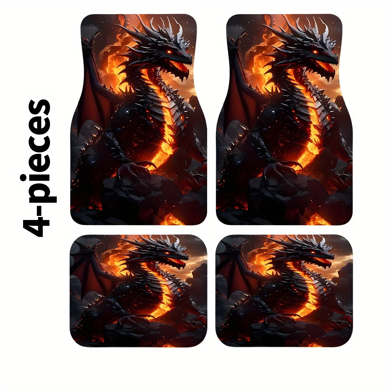 4pcs Car Floor Mat Set, Fiery Black Dragon Pose Majestic Style Print, Easy To Clean, Suitable For Stylish Car Interior Protectio
