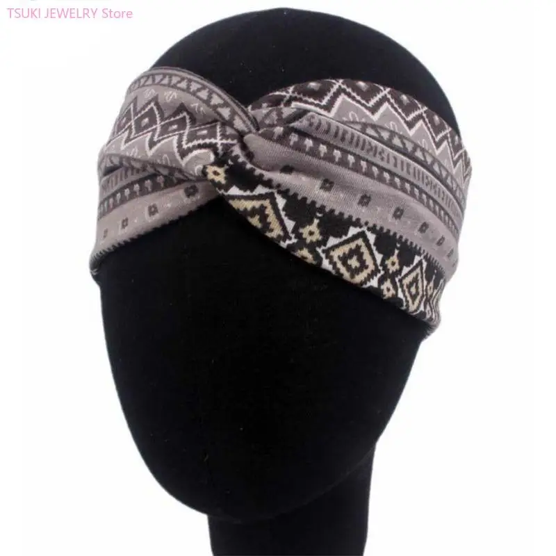 

62KE Женская широкая повязка на голову с этническим принтом, витой тюрбан, эластичная повязка для волос Bea