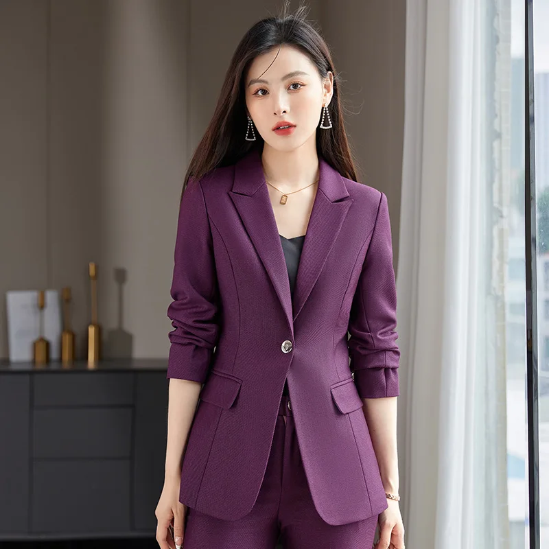 S-4XL Formal Solid Suit for Women 2023 New Double Breasted Notched Office Wear Women High Waisted Slim Pants 2 Piece Set