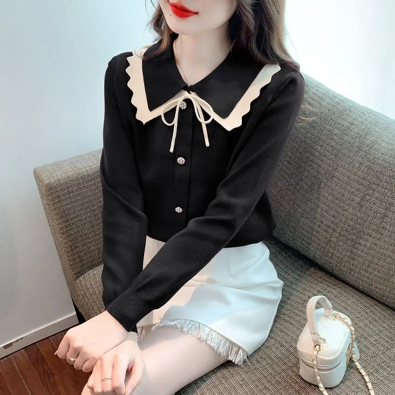 Temperament Aging Red Bow Doll Neck Knitted Bottom Shirt Female Internet Celebrity Explosive Style Interior Sweater Top