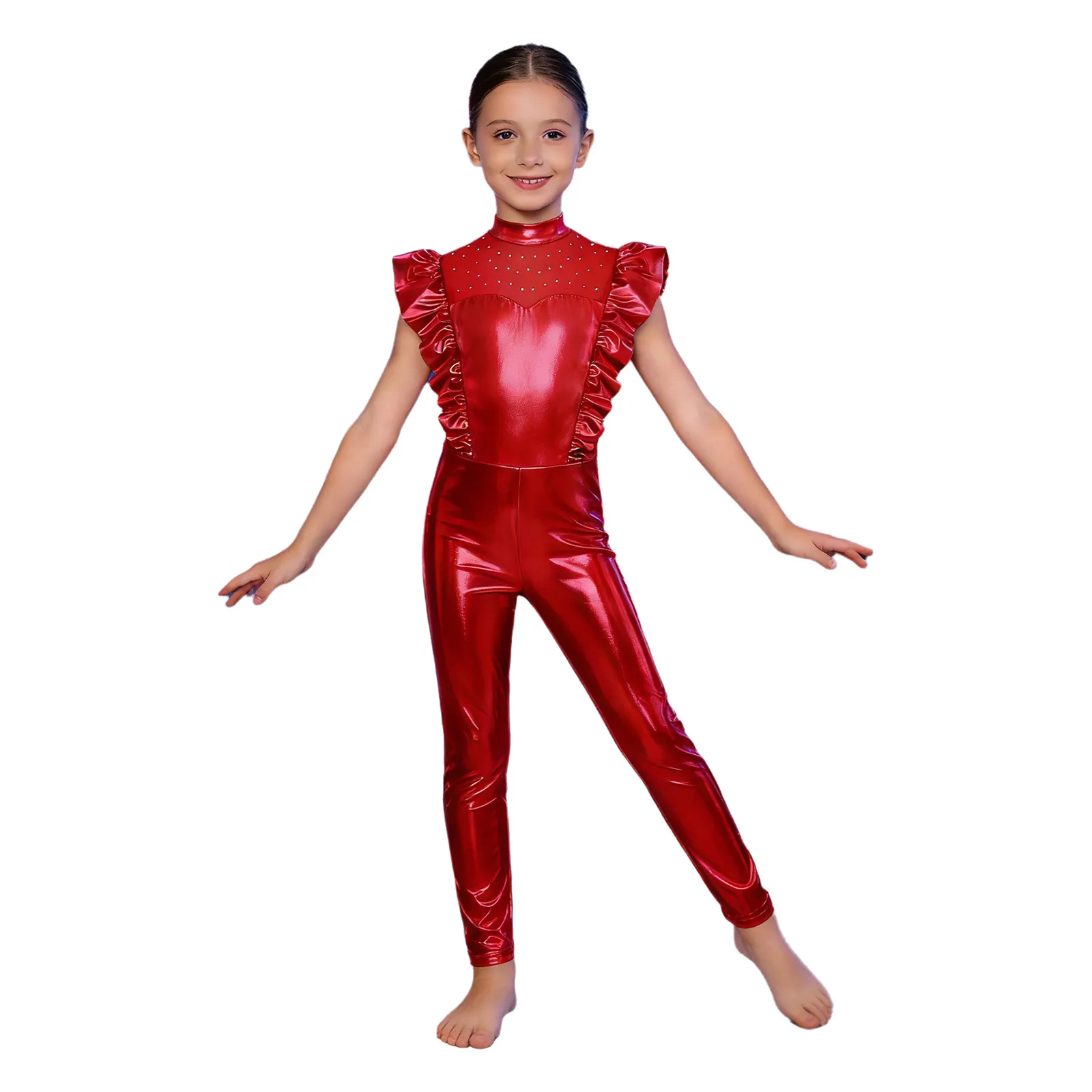 Kids Girls One Piece Metallic Shiny Jazz Waltz Street Dance Performance Bodysuits Raves Parties Jazz Gymnastics Dance Outfits