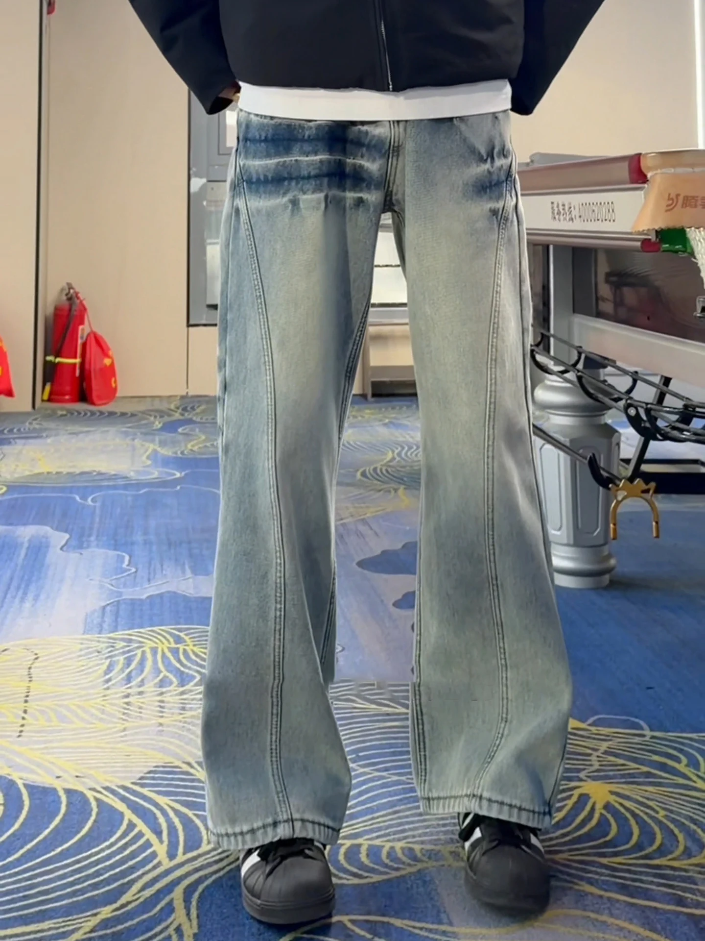 

American Style Slim Fit Knife Micro Flare Jeans Men's Autumn Winter High Street Long Pants Leg Lengthening Lightning Pat...