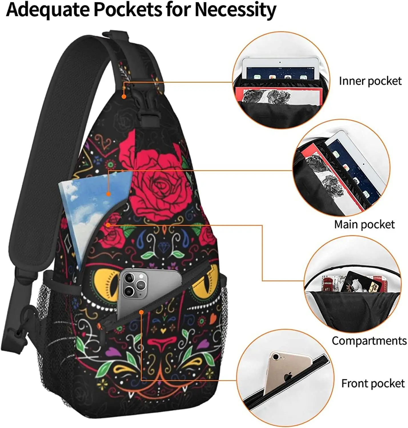 Mochila de hombro con tirantes para hombre y niño, morral cruzado para deportes al aire libre, Día de los muertos, gatito, gato, calavera de azúcar