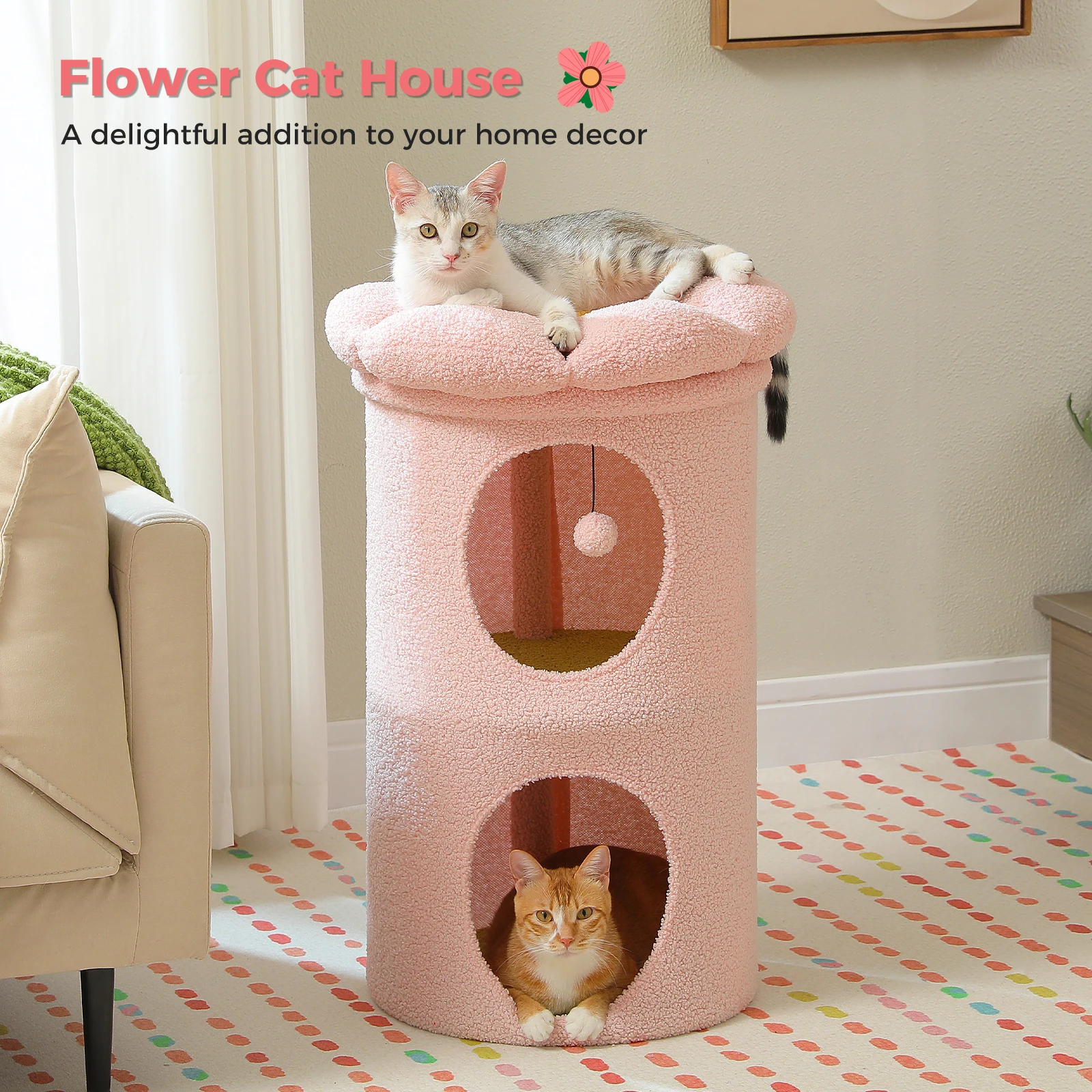 2-Storey Cat Beds for Indoor Cats, Large Cat House with Removable Flower Bed, Cute Cat Cave Hideaway, 50.8 x 50.8 x 72.9 cm