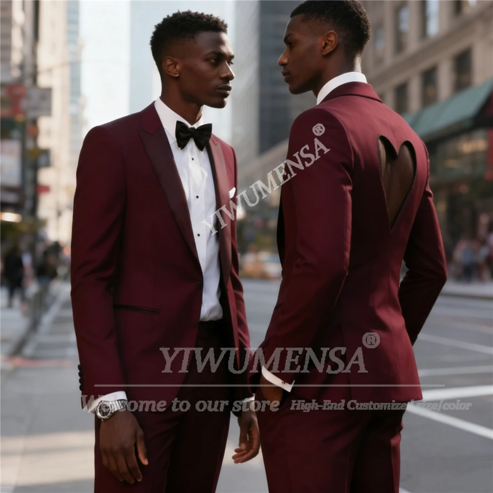 

Elegant Burgundy Suit Men For Wedding Unique Design Cut-Out Prom Blazers Customized 2 Piece Groom Tuxedos Trajes Para Hombre
