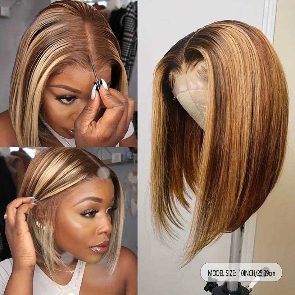 Bone Straight Short Bob Wig Highlighted Transparent Lace Frontal Human Hair Wigs For Women colored Wig