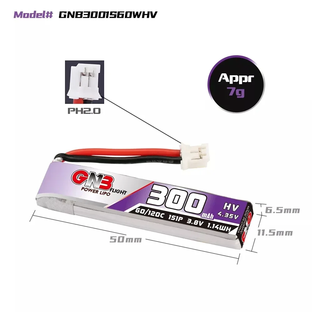 Gaoneng-Batterie Lipo avec connecteur pour importateur de course RC FPV, GNB, 300mAh, 1S, 3.8V, 60C, HV, PH2.0, Molex 1.25, GNB27, 5 pièces