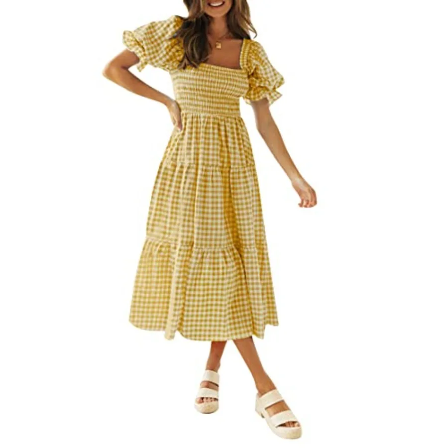 

Women's 2026 Bohemian Summer Plaid Square Neck Puff Sleeve Ruffle Flowy Beach Midi Dress