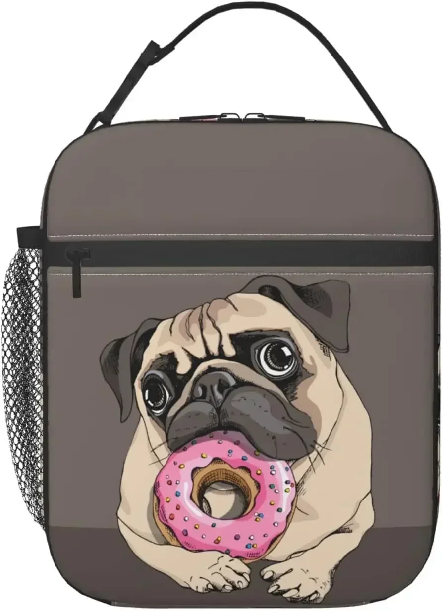 Funny Bulldog Donut Insulated Lunch Box Reusable Thermal Lunch Tote Bag With Zipper For Office Work Outdoor Travel Picnic