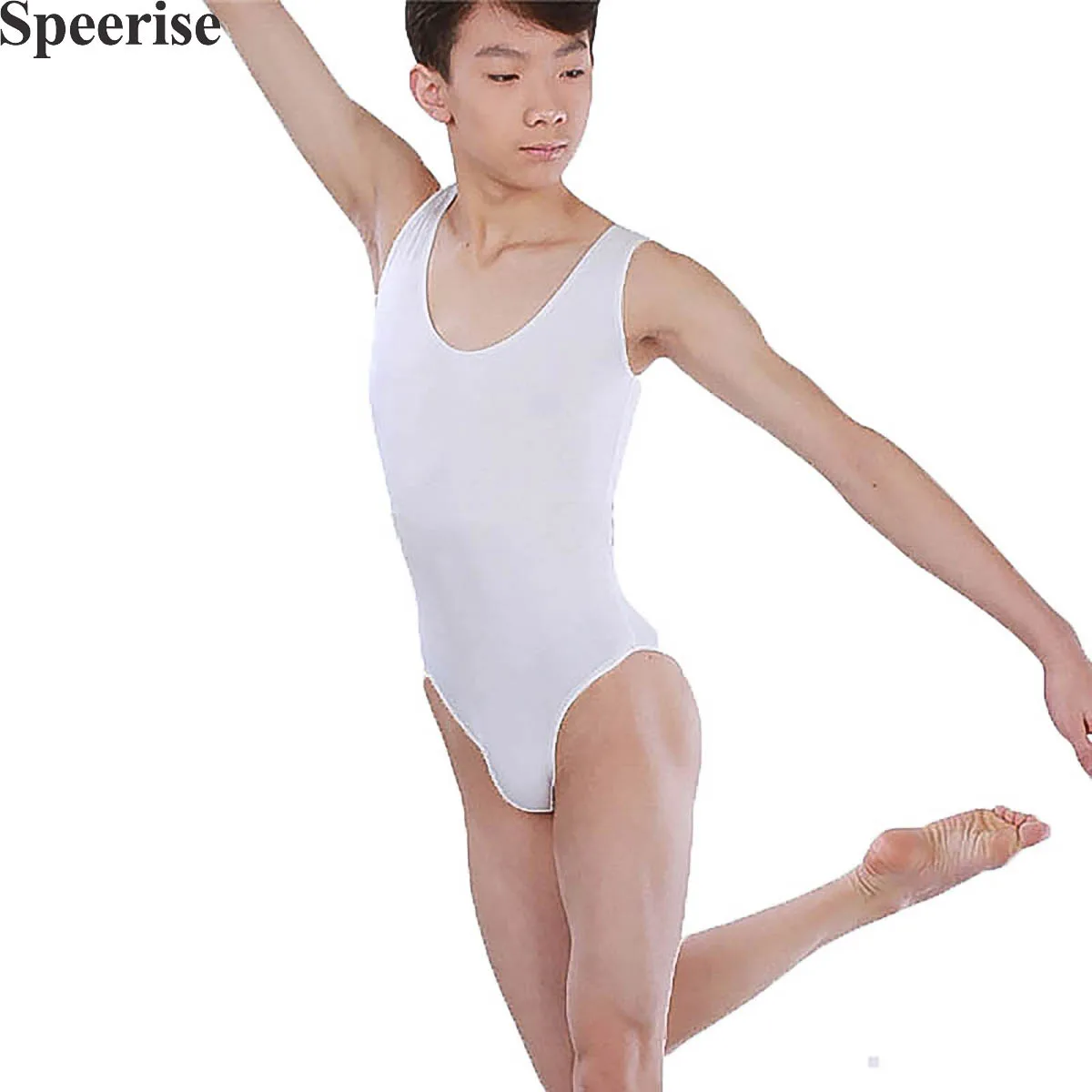 SPEERISE Men Bodysuit Black Ballet Sleeveless Leotard Scoop Neck Nylon Dancewear Sportswear Gymnastics Leotard for GYM Workout