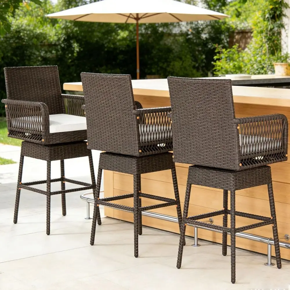 Set of 3 29 Swivel Rattan Bar Stools with Cushions, Armrests, and Backrests for Outdoor Patio or Poolside Use