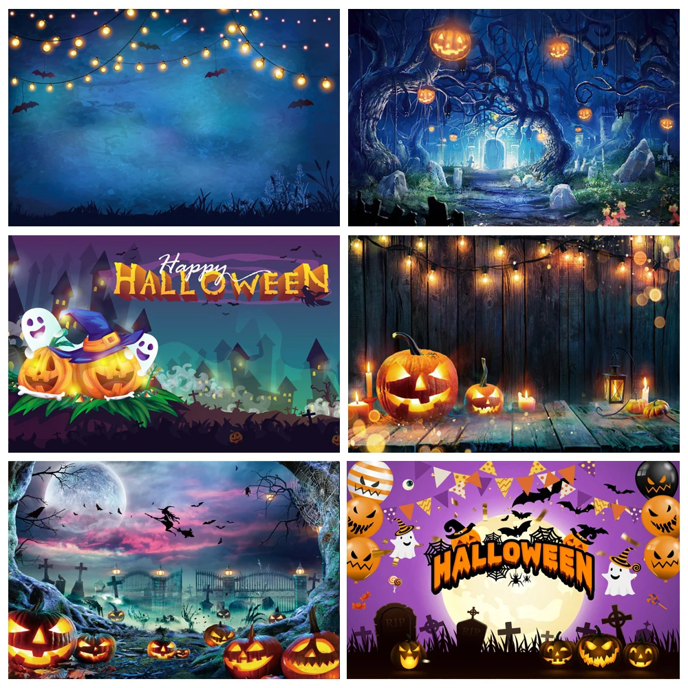 

Laeacco Happy Halloween Festivals Pumpkin Lights Bat Outdoor Horrible Scenic Photographic Background Photo Backdrop Photo Studio