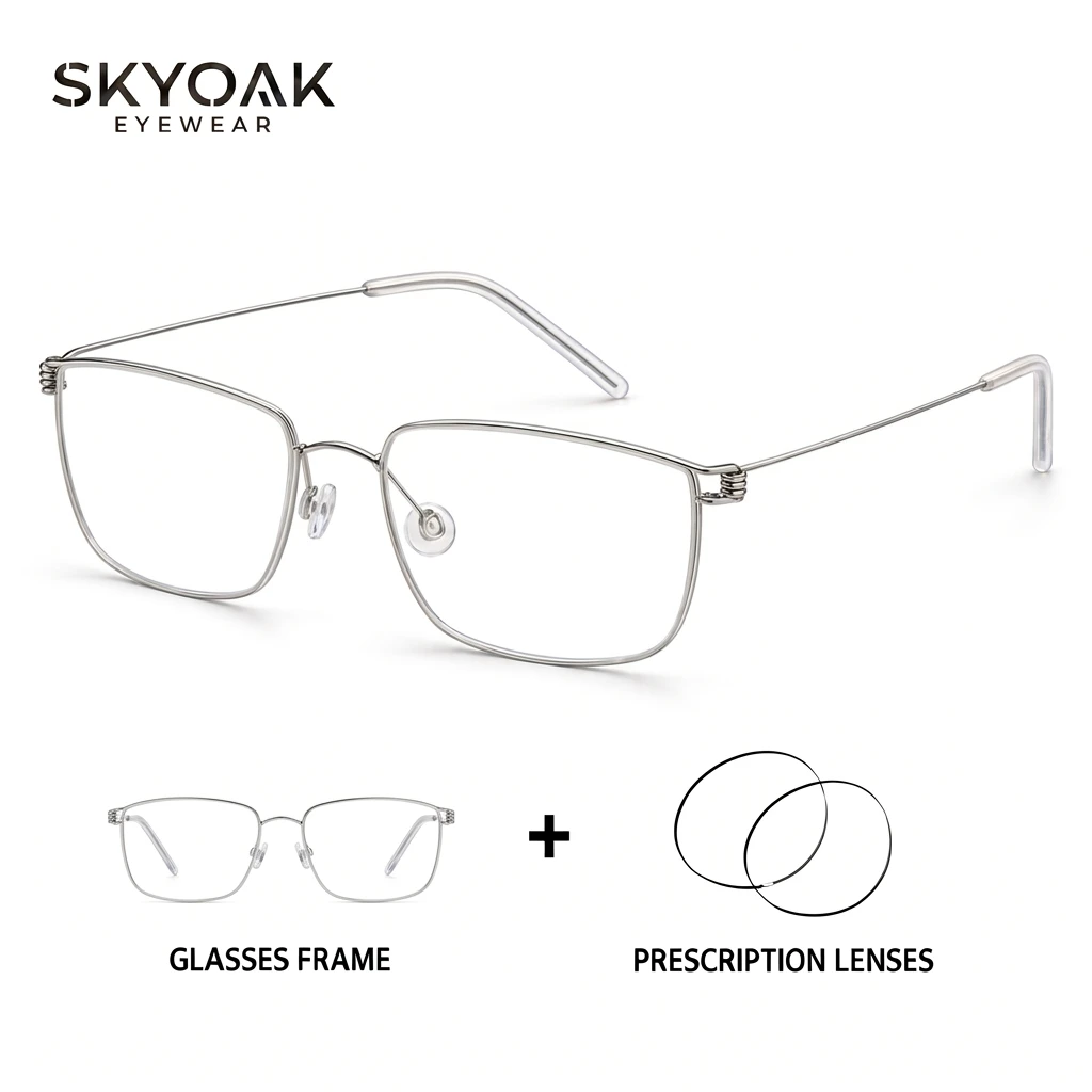 SKYOAK Lightweight Titanium Prescription Glasses for Men Women, Square Full Rim Myopia Hyperopia Progressive Optical Eyeglasses