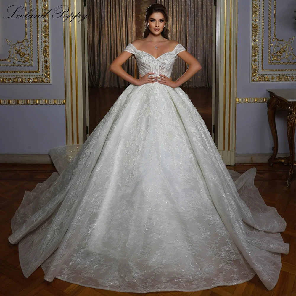 

Lceland Poppy Off the Shoulder Ball Gown Lace Wedding Dresses Illusion Beaded Bridal Gowns with Chapel Train