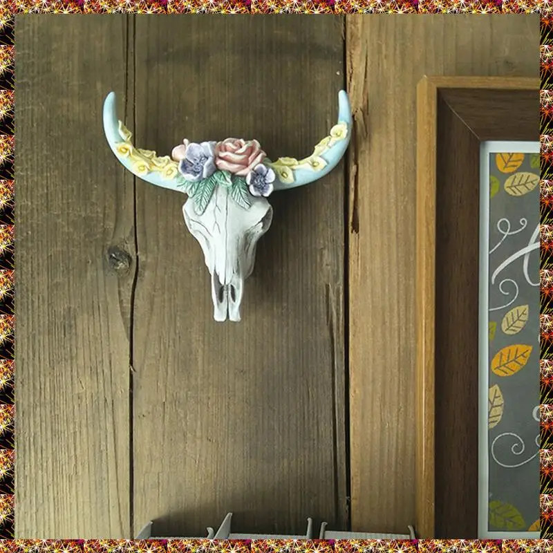 BTCL Cow Skull Wall Pendant Succulents Flower Cow Head Miniature Figurines Animal Sculpture Home Hanging Ornaments Decor