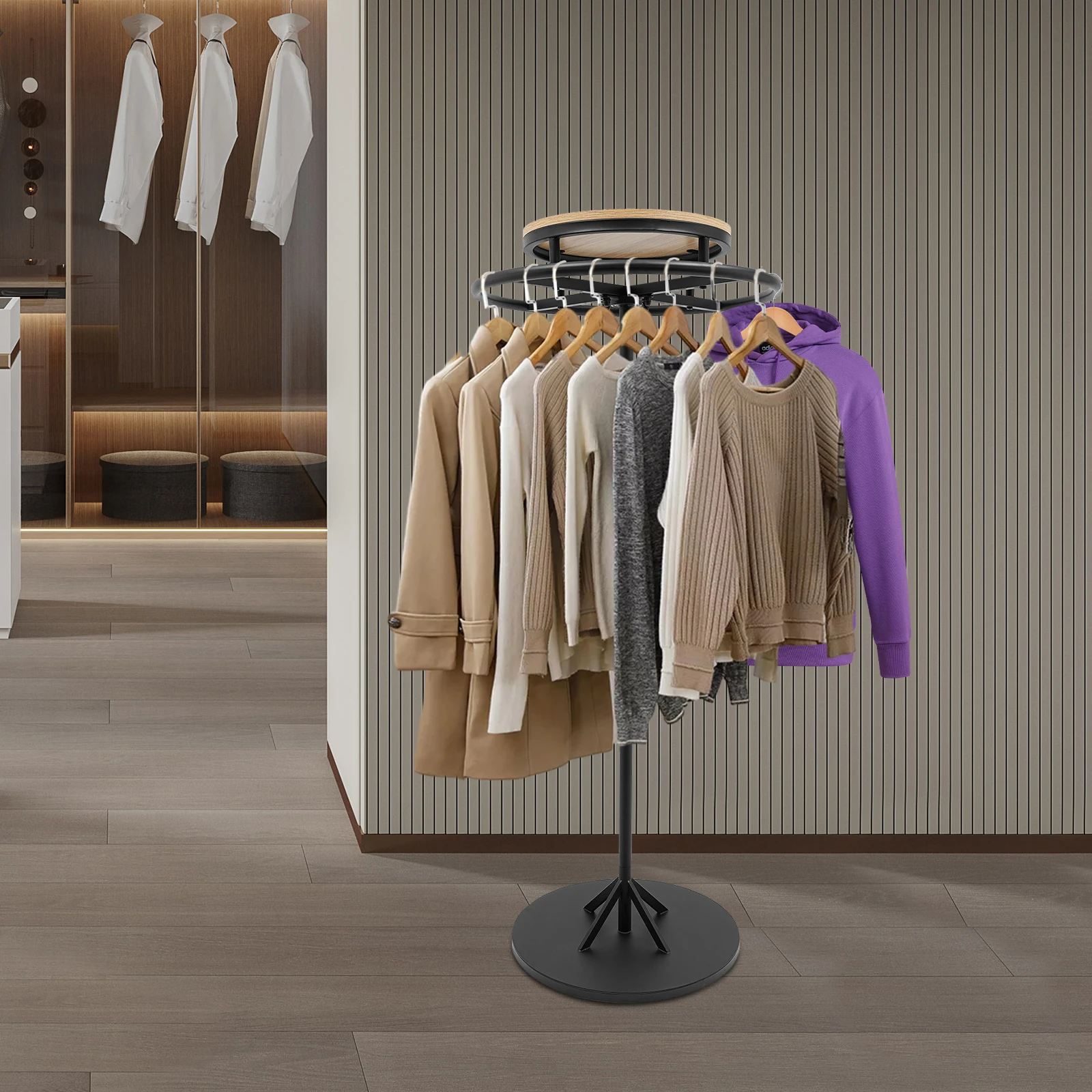Round Garment Rack, Floor Standing Rotatable Clothing Rack, Portable Retail Display stand for Hanging Clothes Commercial Shop