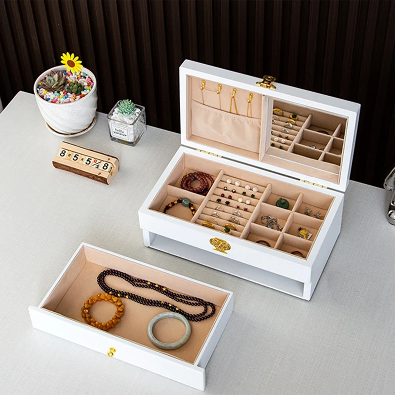 Solid Wood Jewelry Box Storage Box Jewelry Double Layer Hand-Pull Wooden Hand Jewelry Box