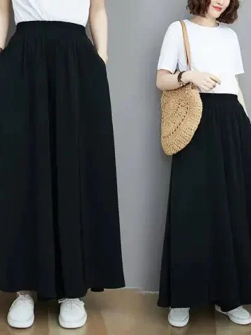 

plus Size Women's Summer Thin Straight Wide Leg Pants Loose Slimming Elastic Waist Drapey Casual Color Skirt Pants