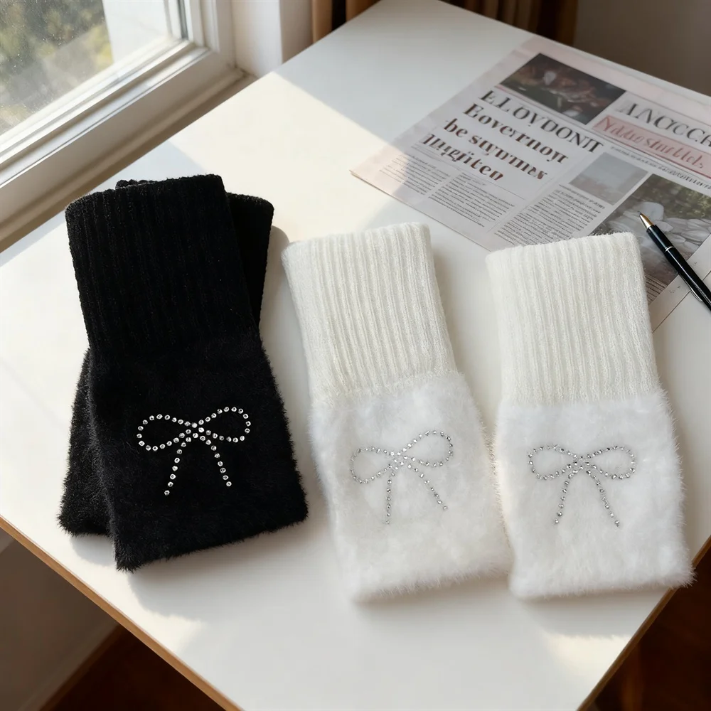 لطيف الكرتون القط محبوك نصف اصبع قفازات المرأة الشتاء أفخم سميكة الدافئة حماية المعصم طالب قفازات الكتابة 18.5*9 سنتيمتر #1