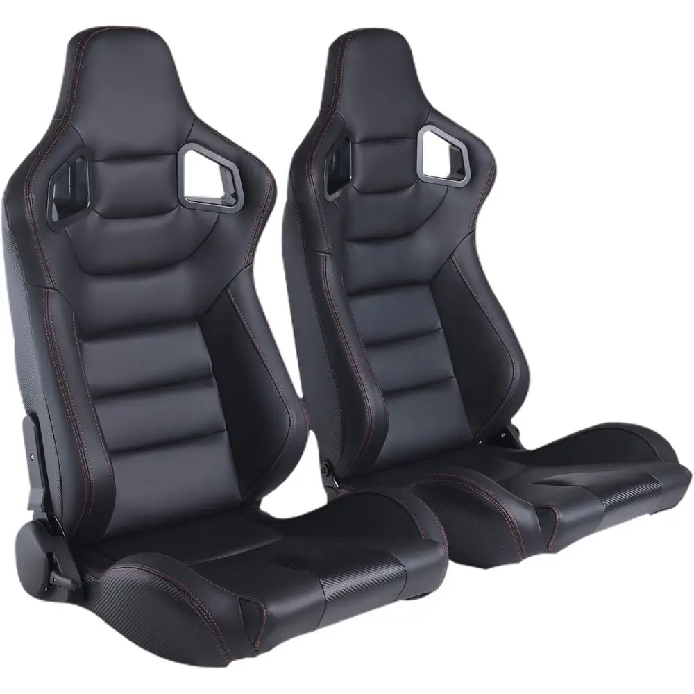 Pair of Racing Seats with Dual Lock Sliders, Black PVC Leather, 165° Adjustable, 21.6 x 36.6 x 21.6