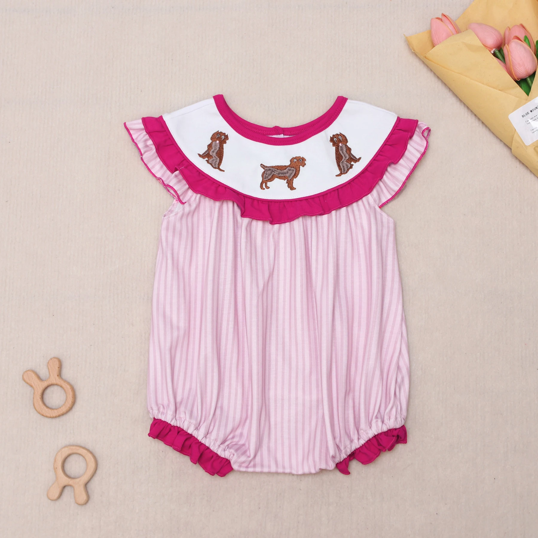 Boutique Baby Kids Girl Pink Short Sleeved Boy Blue T-shirt Set Round Neck Puppy Embroidery Top Clothes And Latice Short Suit