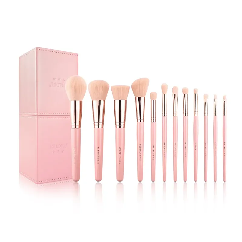 10pcs Pink Fan Makeup Brush Set Synthetic Hair with Stand Professional Cosmetic Tools Kit for Face Eye Blending Beauty