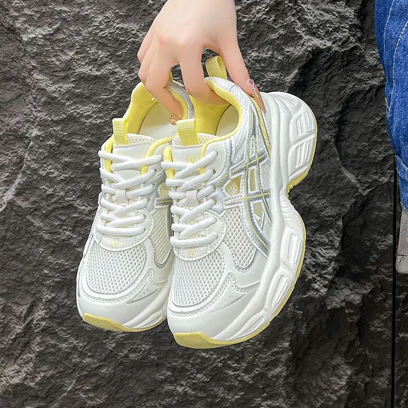 レザーダッドシューズ-レディース-ランニングシューズ-通気性メッシュ-中空デザイン-ファッション-カジュアル-ローカット-グルーウェルディング-厚底スニーカー