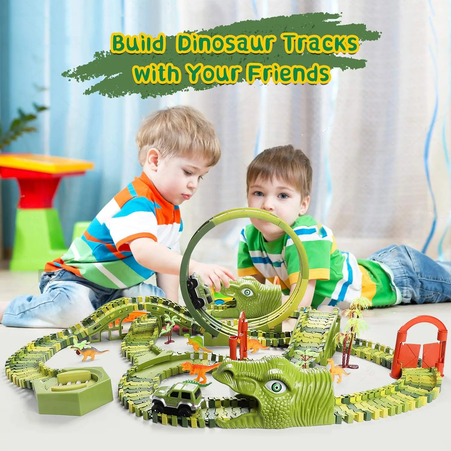 Dinosaur Race Car Track Toys Create Dinosaur World Road Race Flexible Tracks Playset Gift for Kids Boys Girls