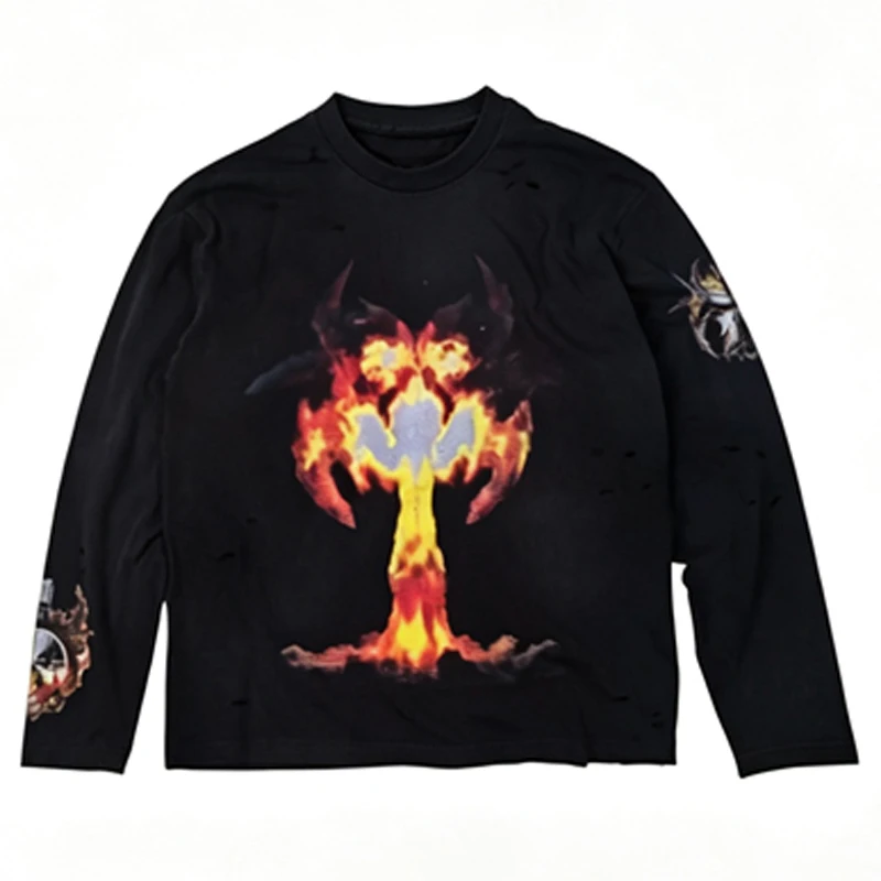 2026 New Style Distressed Washed Fire Graphic Long Sleeve Tee High‑Quality Vintage Loose‑Fit Casual Top T-Shirt