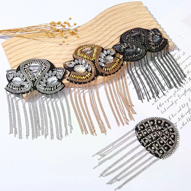 Epaulette Brooch Pin Bead Long Tassel Chain Electroplating Decor DIY Men Women Bling Epaulette Clothing Shoulder Jewelry
