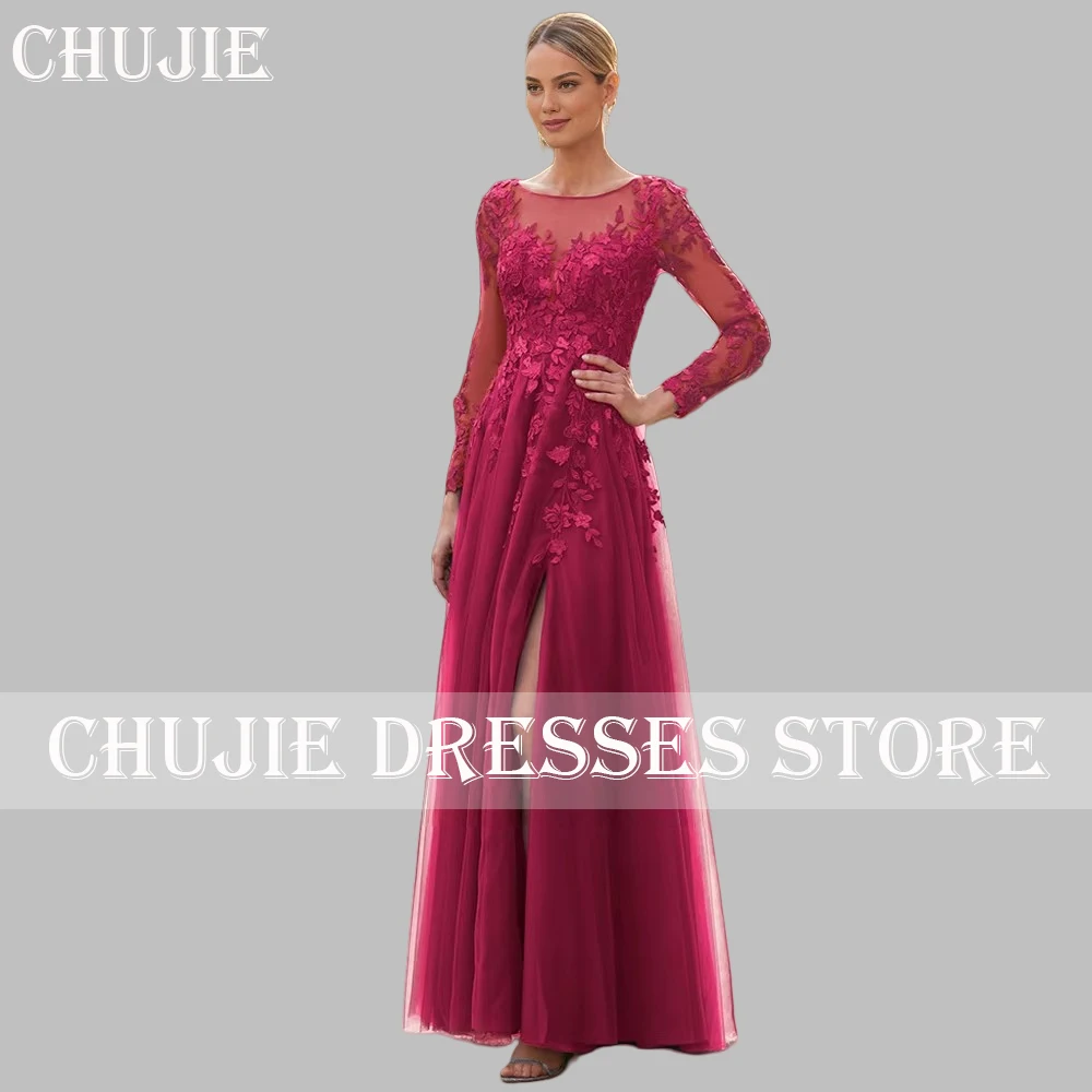 Tulle Lace Applique Mother of The Bride Dress Customized Formal Evening Dress Prom Party Gown Long Sleeve Wedding Guest Dresses