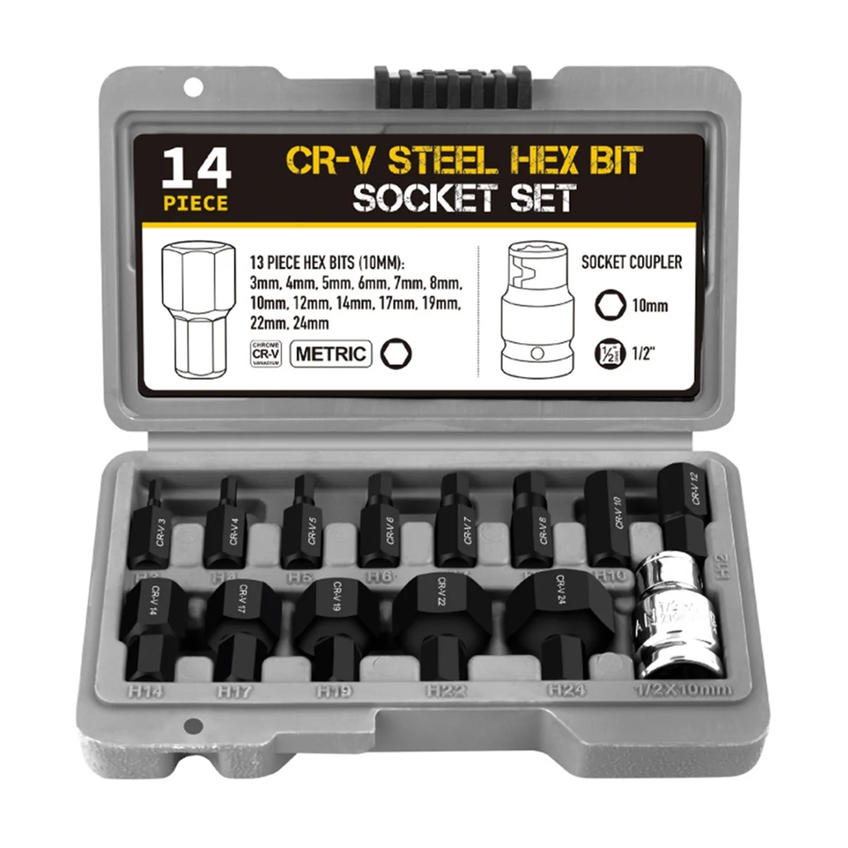 New 14Pcs Hex Bit Socket Set 3-24mm Key Hex Wrench Head Tool for Ratchet 1/2 Inch Drive Screw Driver