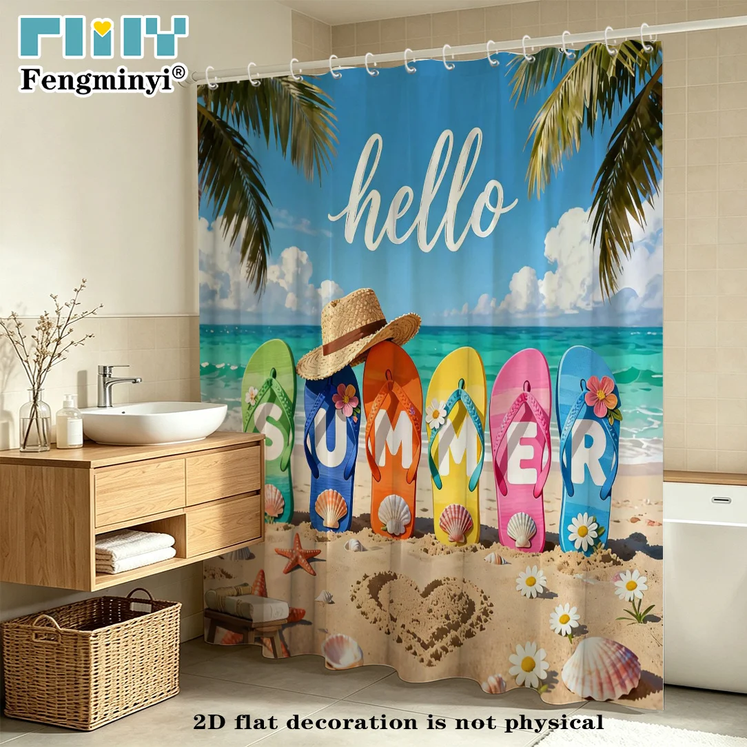 2D Flat, 2D Flat Shower Curtain 1pc, Beach Scenery Shower Curtain,, Depicts a Fun Beach Scene with Beach Slippers and Seashells,