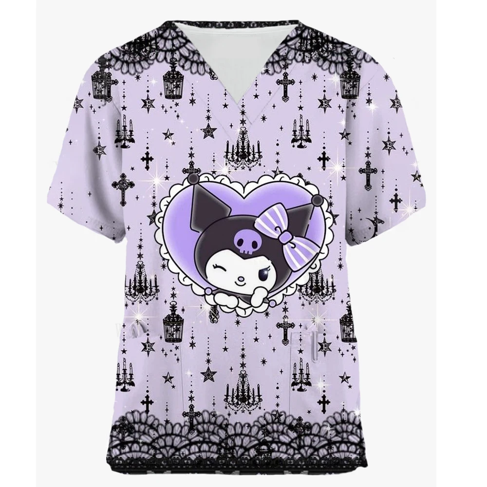 

V-Neck Pocket Hello Kitty Care Workers T-Shirt Tops Clinic Working Clothing Women Short Sleeve Scrub Tops Print Nurse Uniform