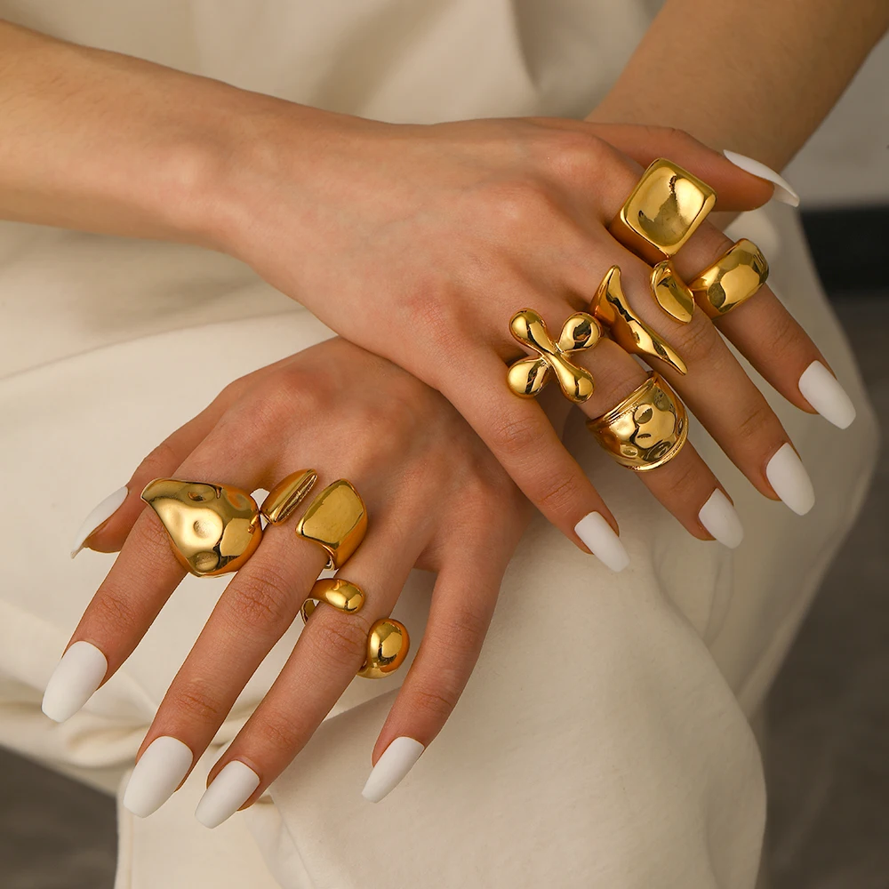 INS Trendy Stainelss Steel Geometric Hammer Pattern Rings 18k Gold Plated Open Rngs Women Daily Waterproof Jewelry