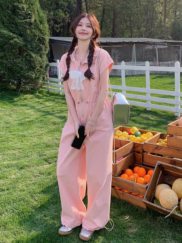 

Розовый комбинезон с кружевными вставками и капюшоном, женский, свободный крой, с завышенной талией, длинные брюки, полиэстер, новинка лета