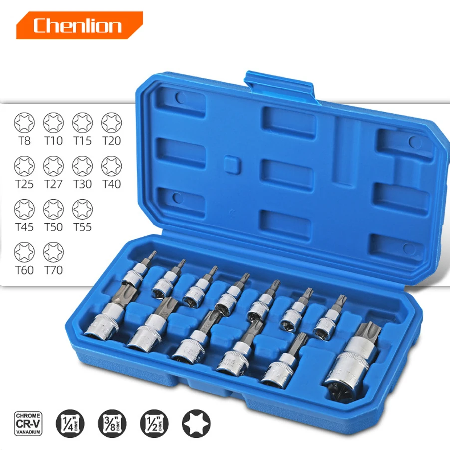 13Pcs Star Torx Hex Bit Socket Set T8-T70 H2-H14,CRV Sockets 1/4inch,3/8inch & 1/2inch Drive For Hand Use Work