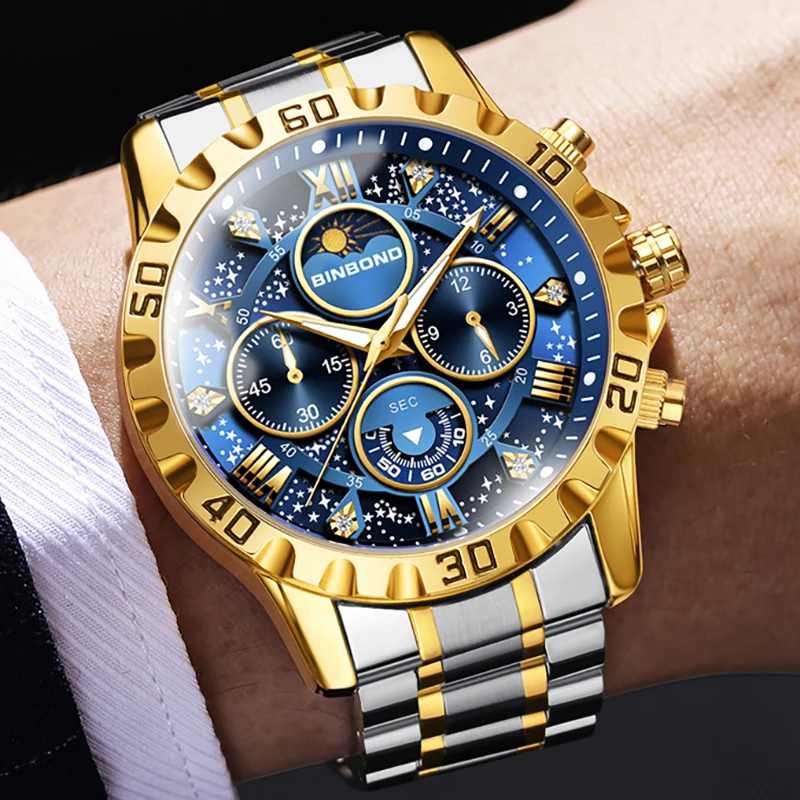 كرونوغراف العلامة التجارية الفاخرة أنيق الرجال ساعات المعصم مضيئة للذكور على مدار الساعة سوار فولاذي غير قابل للصدأ رجال الأعمال ساعات كوارتز #4