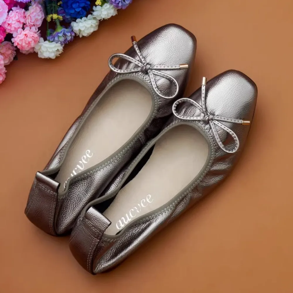 2024 Spring\\Autumn Genuine Leather Shoes Woman Flats Work Classi Fashion Bowknot Female Casual Ballet Ladies Shoes Plus Size 44