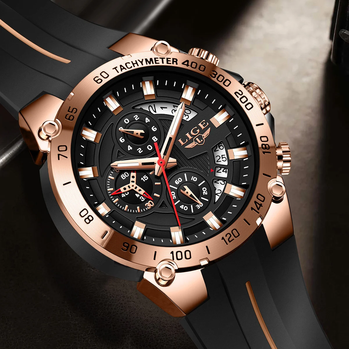 LIGE 남성용 새로운 스포츠 쿼츠 시계 패션 방수 크로노 그래프 손목 시계 부드러운 실리콘 스트랩 빛나는 달력 남자 시계