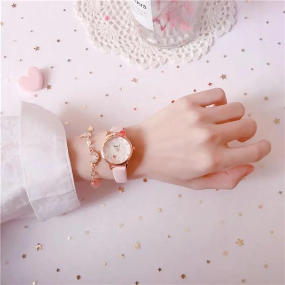 Fashion Quartz Clock Watch Bracelet Set Leather Watchband Casual Quartz Watch Cute Cat Ear Bracelet